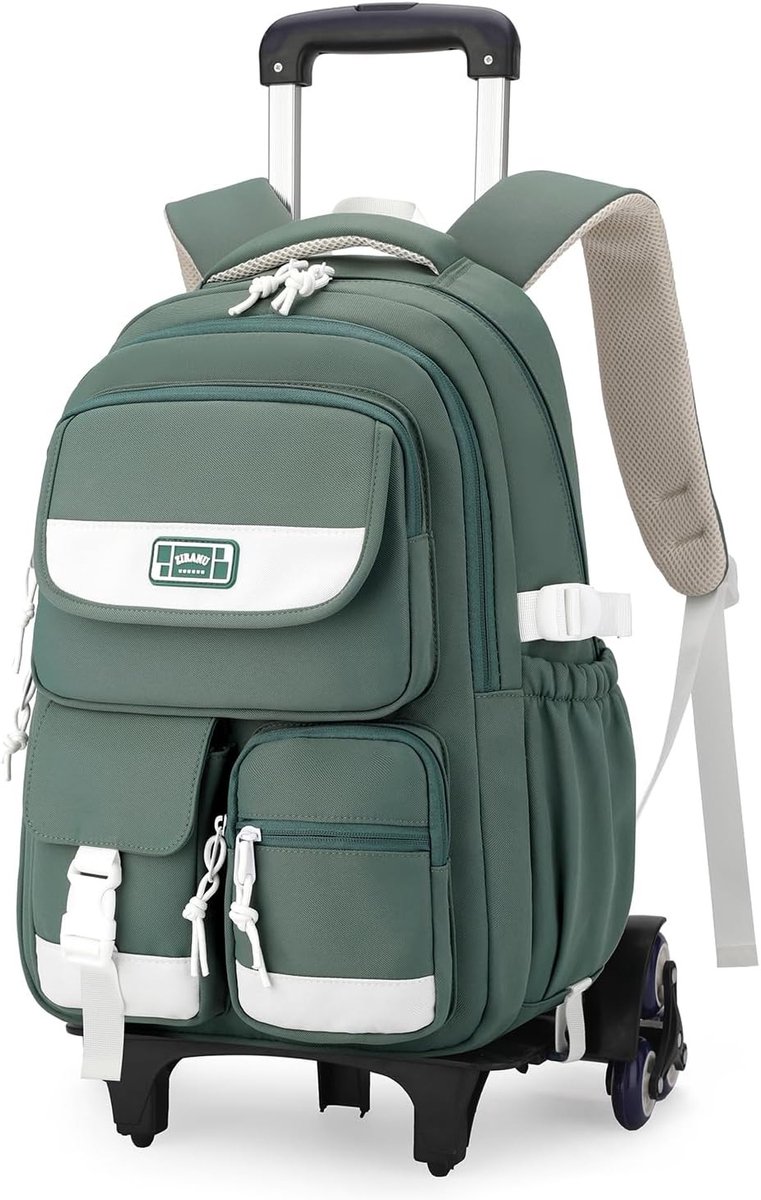 Schooltas meisje 6 jaar 12 jaar - Groen - 18 x 32 x 46 cm - Waterafstotende Trolley Rugzak met 6 Wielen - Voor Basisschool en Middelbare School