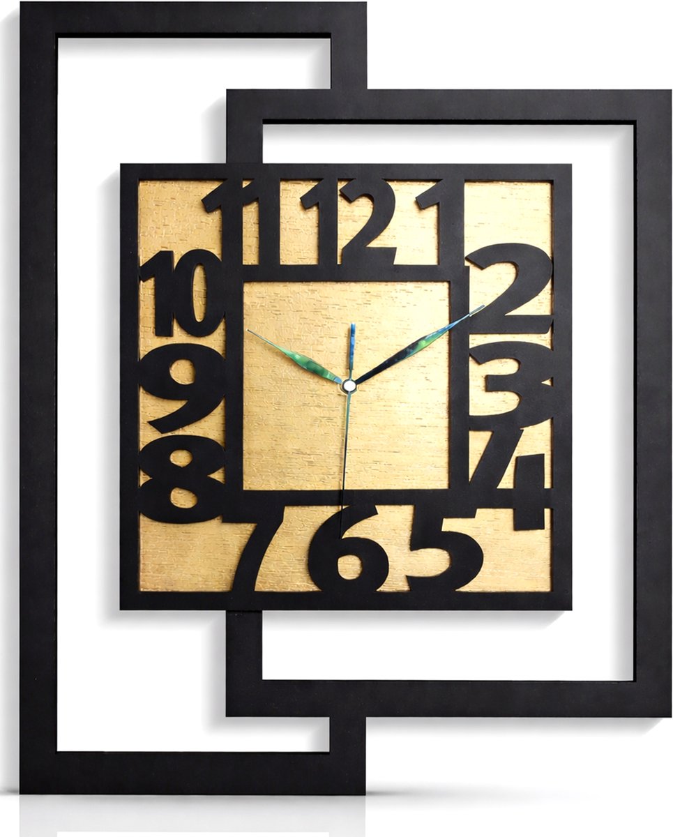 Handgemaakte Grote Houten Wandklok – Modern Minimalistisch Design, Rechthoekig Verticaal,Leesbare cijfers,Geruisloos, Zonder Tikkend Geluid – Voor Woonkamer, Slaapkamer, Keuken – Unieke Wanddecoratie, Industrieel Design & Stil Uurwerk: zwart - gouden