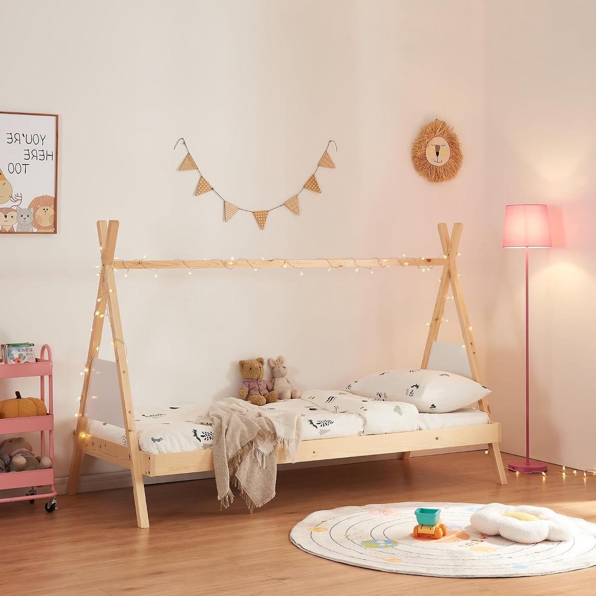 Kinderbed Tipi - Huisbed Jeugdbed - Slaapdecoratie Kamer - Hoog Uitvoering - 90x200 cm - Naturel Wit
