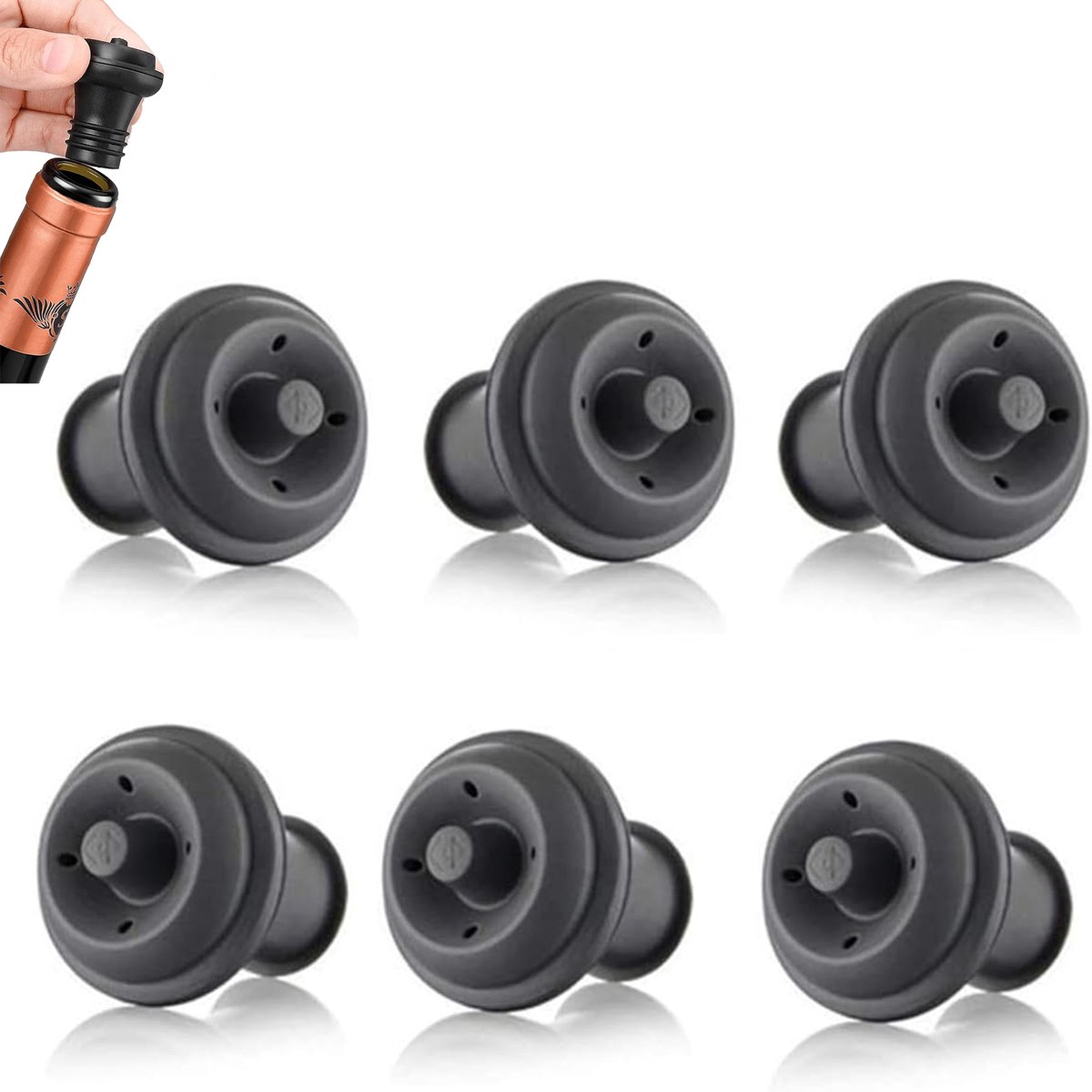 Set van 6 vacuüm wijnstoppers- rubber- zwart- cilindrisch- ideaal wijnaccessoire cadeau