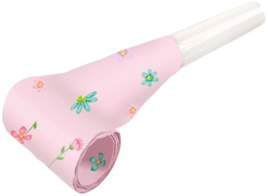 Lichtroze partytoeter met kleine bloemenprint in roze en turquoise.