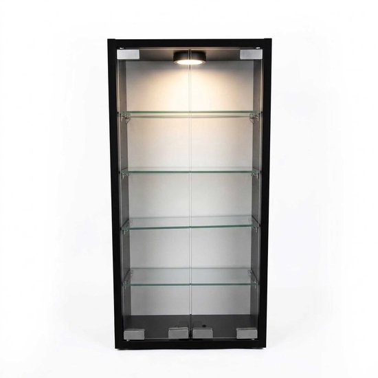 Zwarte vitrinekast met glasdeuren, 5 glazen legplanken en LED-verlichting.