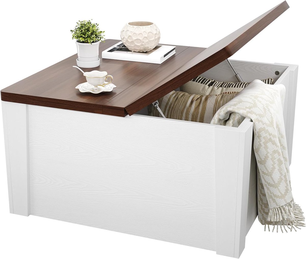 Triumpunpre 2-in-1 salontafel met opklapbaar blad- bijzettafel en verborgen opbergruimte- 80*80*41 cm- dik MDF en stevig metalen frame- wit + walnoot