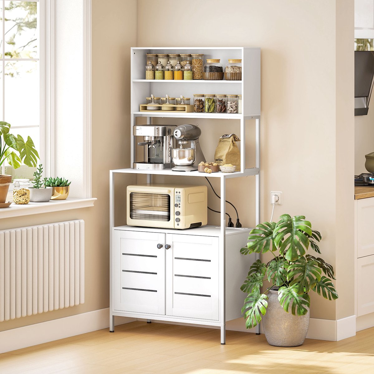 AURA LUMEN-Stellingkast-Étagère cuisine blanche avec multiprise USB/AC-double porte à persiennes-80x42x171 cm
