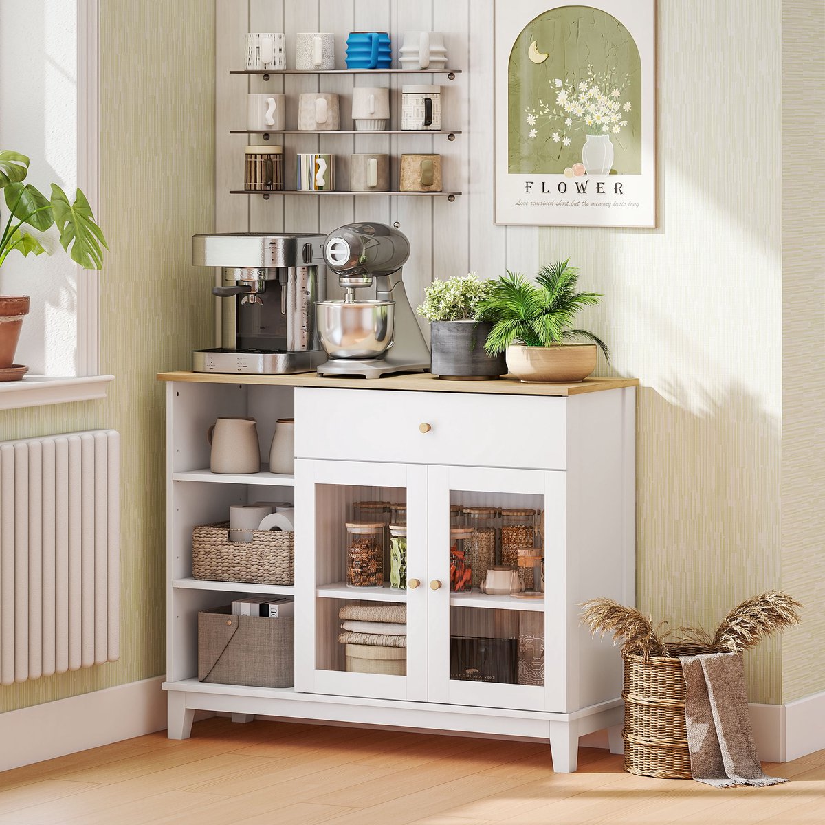 AURA LUMEN Buffetkast-Buffet Salon Blanc avec Portes Vitreuses Trempées-Tiroir Silencieux et Étagères Réglables Wit