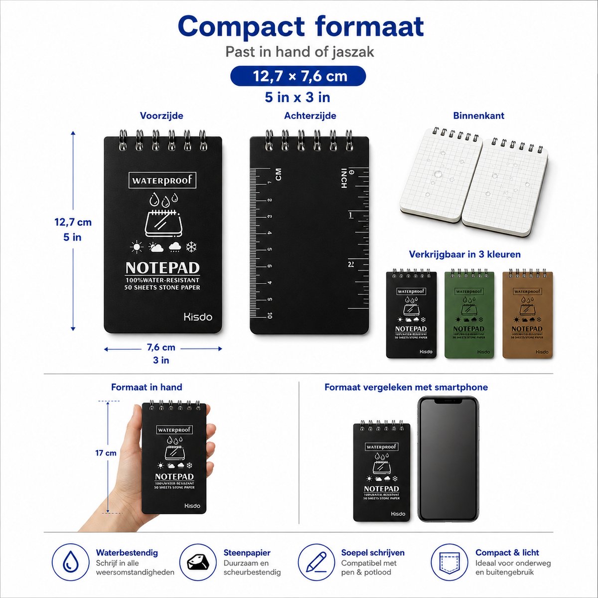 VHV - Waterdicht Notitieblok Set - 6 Stuks - 12.7 x 7.6 cm - Topspiraal Pocket Notebook- voor Outdoor Wandelen Tactisch Werk ,Kantoor - Zwart, Groen ,Bruin