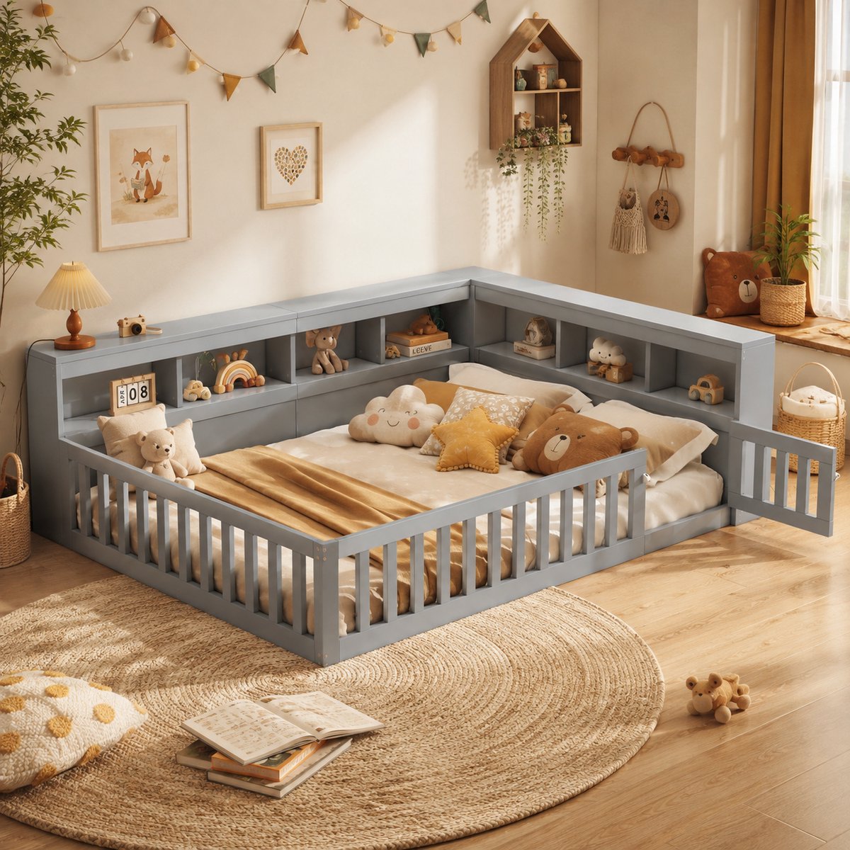 Welltin Kinderbed 140x200 cm - Tweepersoonsbed - Vloerbed - Grondbed - Multifunctioneel bed - Open opbergruimte - Met hoofdeinde - Met stopcontact en USB-poort - Met vangrail - Dennenhout - Ruimtebesparend - Snelle montage - Grijs
