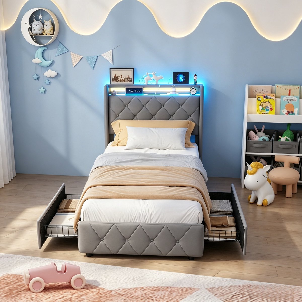 ROSAHQNDA Kinderbed 90x200 cm, gestoffeerd bed met 2 opberglades en hoofdbord met opbergvak, fluweel, grijs, zonder matras