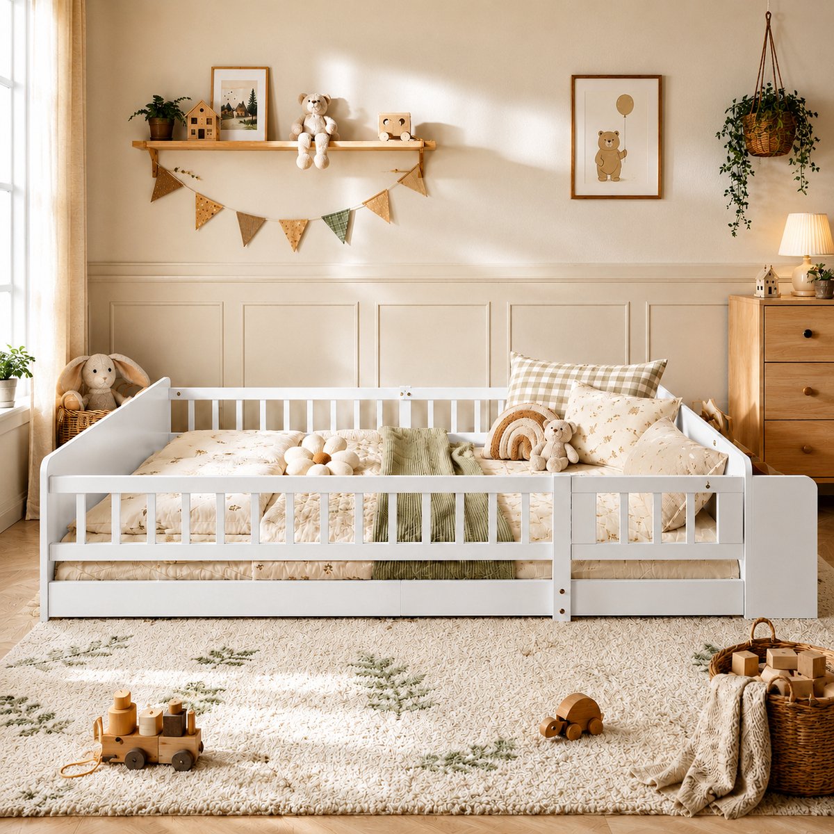 Welltin Kinderbed 140x200 cm - Tweepersoonsbed - Vloerbed - Grondbed - Multifunctioneel bed - Open opbergruimte - Met vangrail - Met planken - Dennenhout - Ruimtebesparend - Snelle montage - Wit