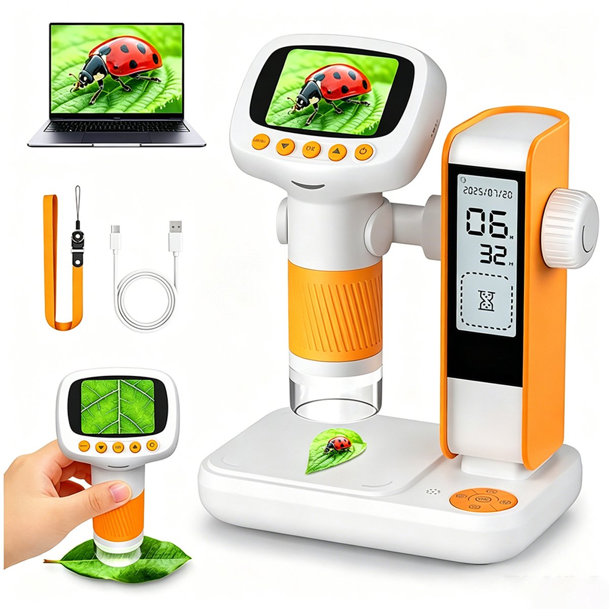 Digitale microscoop voor kinderen - Multifunctionele microscoop - 2-inch IPS LCD-scherm - Hoge resolutie - LED-verlichting - STEM-menu - Met kloktimer - 1,25 W - 8 dimbare LED's - Wetenschappelijke experimenten voor leerlingen - Geel