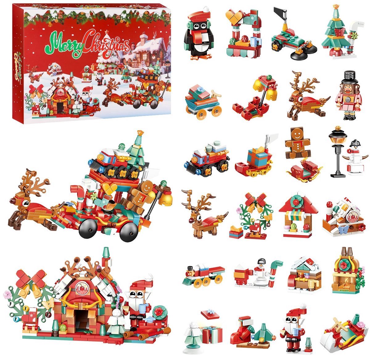 casalora - Adventskalender 2025 - Kerstversiering - Bouwspeelgoed - Bouwpakketten volwassenen - Bouwpakket kinderen - Bouwsets - Niet geschikt voor LEGO - 2 x 12-in-1 Speelgoedsets - Inclusief Kerstman Kerstboom Sneeuwpop Rendier