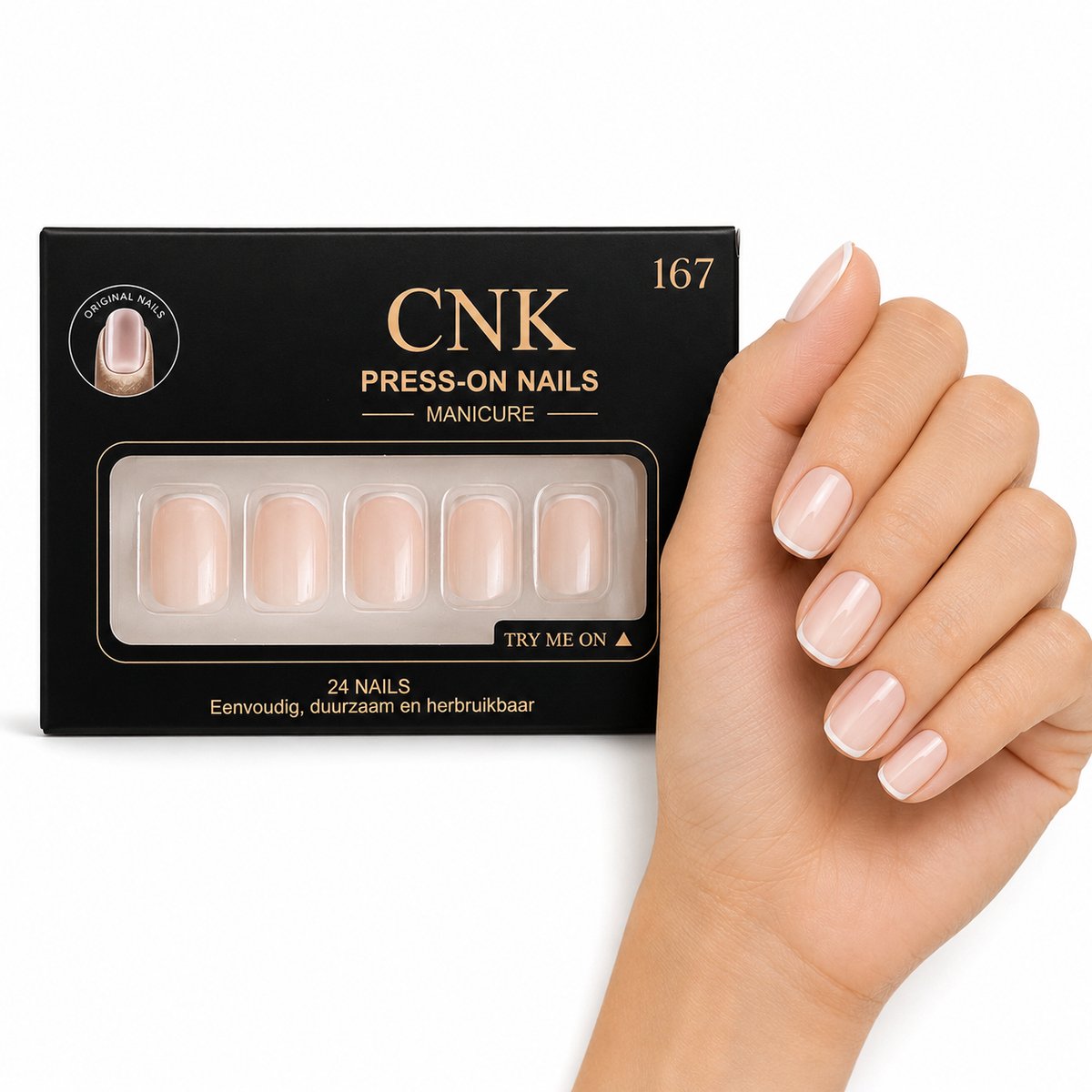 CNK 167 Press On Nails - Plaknagels - 24 Kunstnagels met Nagellijm, 24 Zelfklevende Plakstickers, Cleaner Wipe, Nagelvijl, Woodstick & Size Matcher - Nepnagels voor 7-14 Dagen - Herbruikbare Press-On Nagels - Starterspakket voor Manicure & Nail Art
