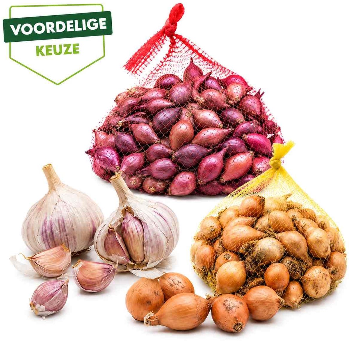 Najaars Pootgoed Mix – 3 Bollen Rode Plantknoflook + 250 g Rode Plantui + 250 g Gele Plantui – Winterui & Knoflook
