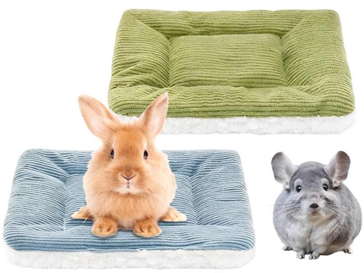 KZQ Set van 2 Konijnenbed - Huisdiermat – Konijnenbenodigdheden – Geschikt voor cavia's, konijnen en andere kleine dieren – 32 x 23 cm – Groen & blauw