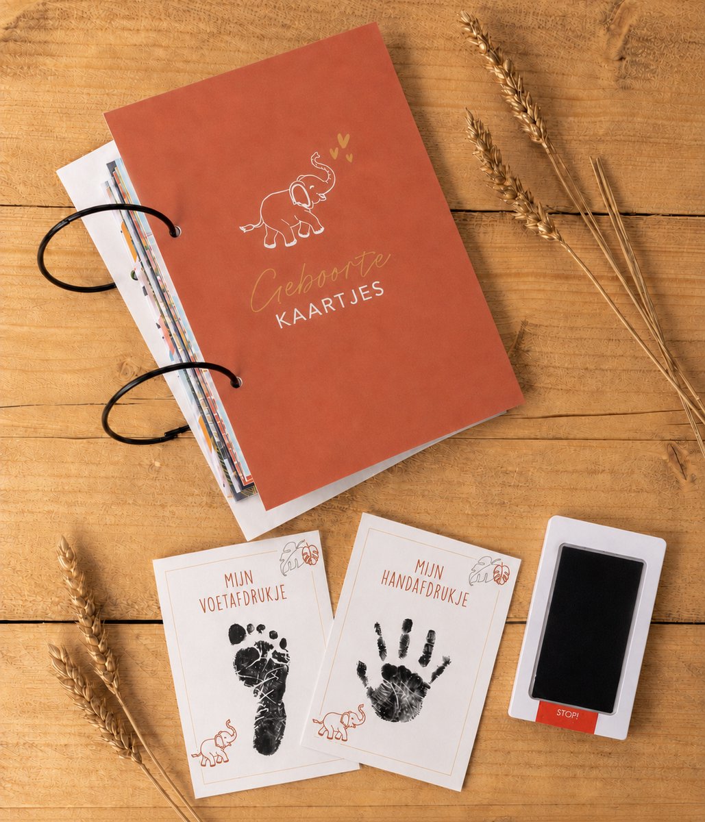 Goodz4All Bewaarbundel Geboortekaartjes met Hand- en Voetafdrukset – A5 – Terra met Goud – Kraamcadeau - Verzamelbundel Wenskaarten