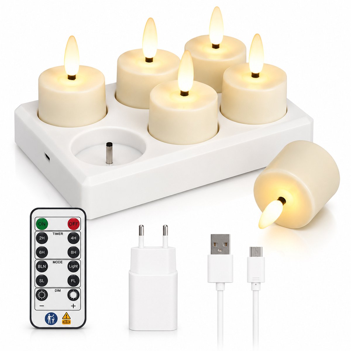 LED Kaarsen - Oplaadbare Waxinelichtjes - Ledkaarsen Metafstandsbediening - Led Kaarsen Oplaadbaar - Set van 6 Oplaadbare Kaarsen met Laadstation - Afstandsbediening Timer en Dimbare Standen - Geschikt voor Verjaardag Feest en Woondecoratie