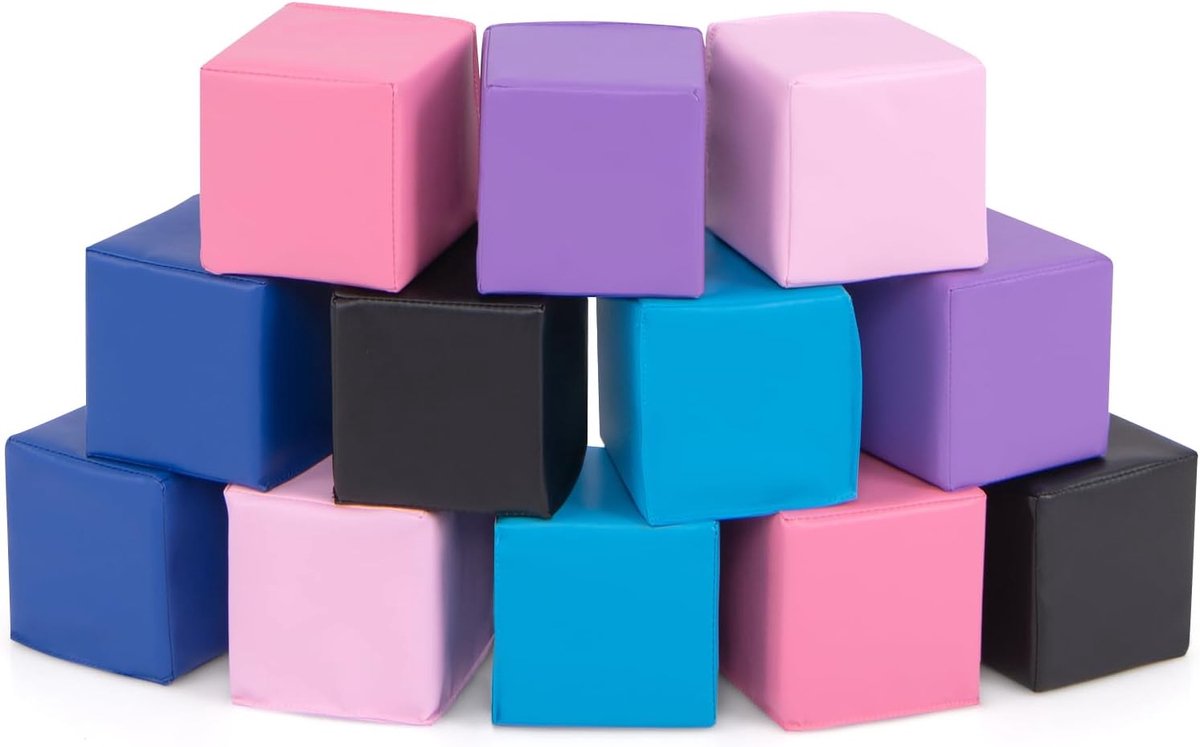 COSTWAY 12-delige set schuimrubberen bouwstenen, zachte bouwstenen 14 x 14 cm, kleurrijke grote bouwstenen om op te klimmen, schuimrubberen blokken voor baby's en kinderen vanaf 1 jaar (lichtpaars)