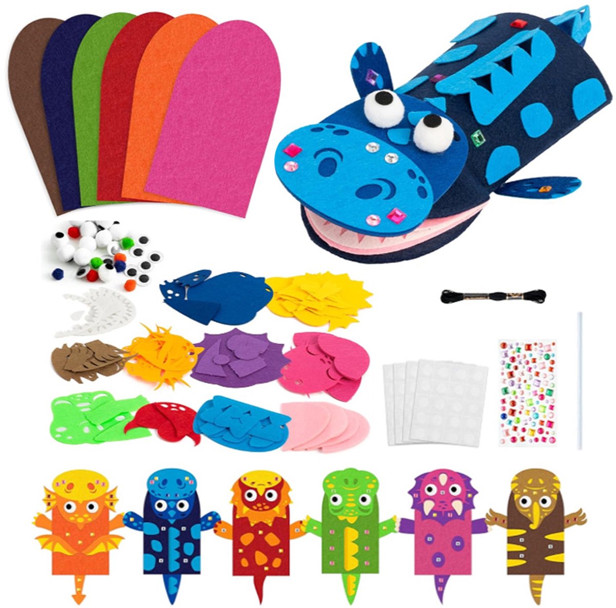 DIY Vilt Handpoppen Maken Set van 6 - Dinosaurus & Draak Knutselpakket voor Kinderen - Poppenkast Handpop met Wiegelogen