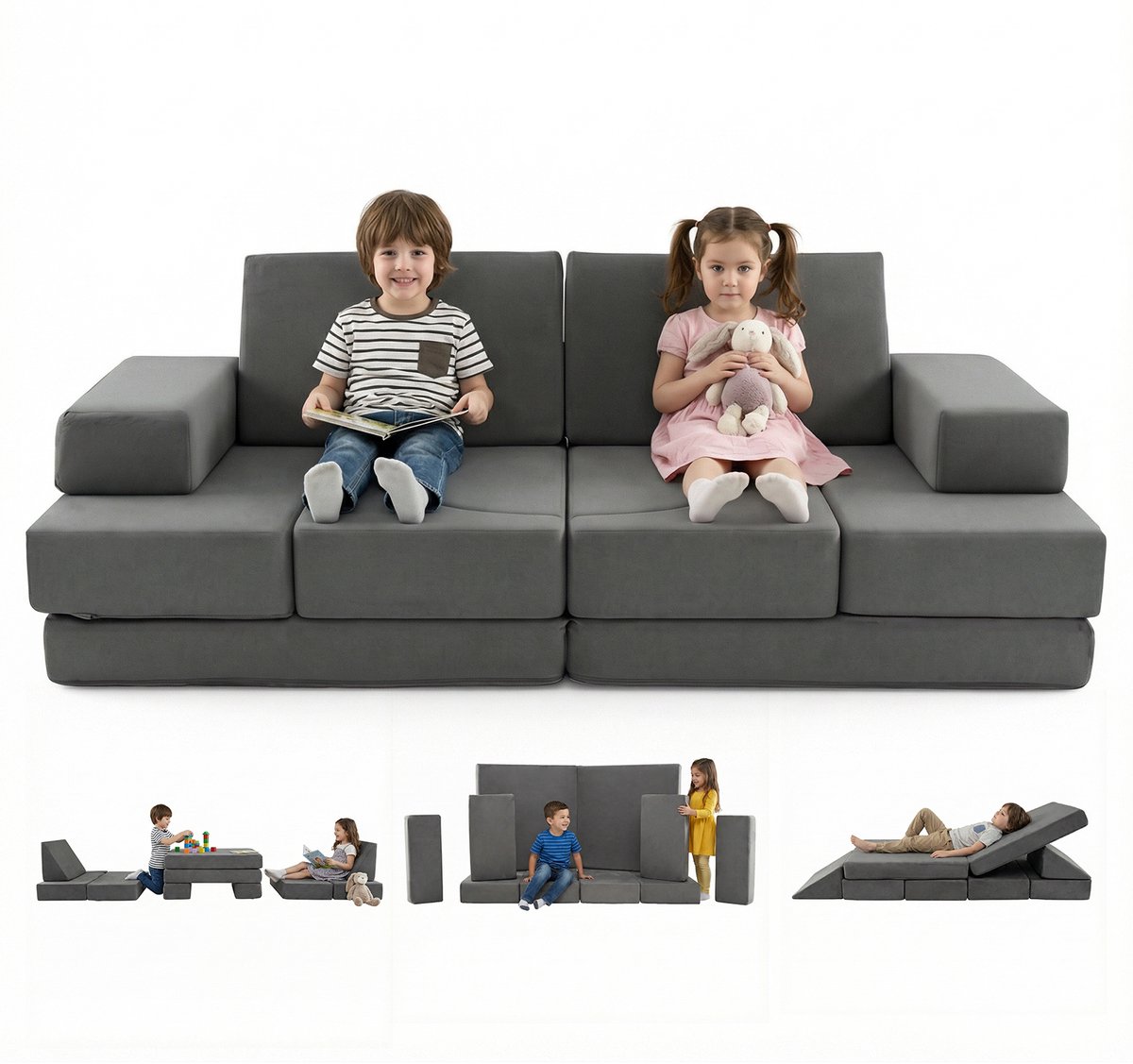 COSTWAY 12-delige modulaire kinderbank, speelbank, uitklapbaar met afneembare overtrek, bouwstenen sofa van schuim, knuffelhoek kinderkamer, kinderspeelbank voor kinderen vanaf 3 jaar