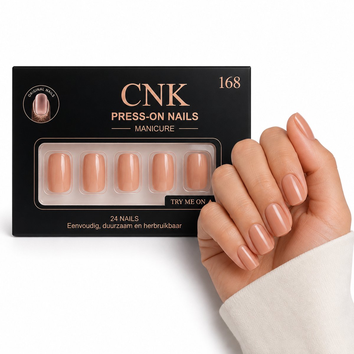 CNK 168 Press On Nails - Plaknagels - 24 Kunstnagels met Nagellijm, 24 Zelfklevende Plakstickers, Cleaner Wipe, Nagelvijl, Woodstick & Size Matcher - Nepnagels voor 7-14 Dagen - Herbruikbare Press-On Nagels - Starterspakket voor Manicure & Nail Art