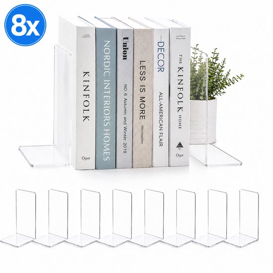 Boekensteunen van plexiglas met boeken en een plant op een plank.