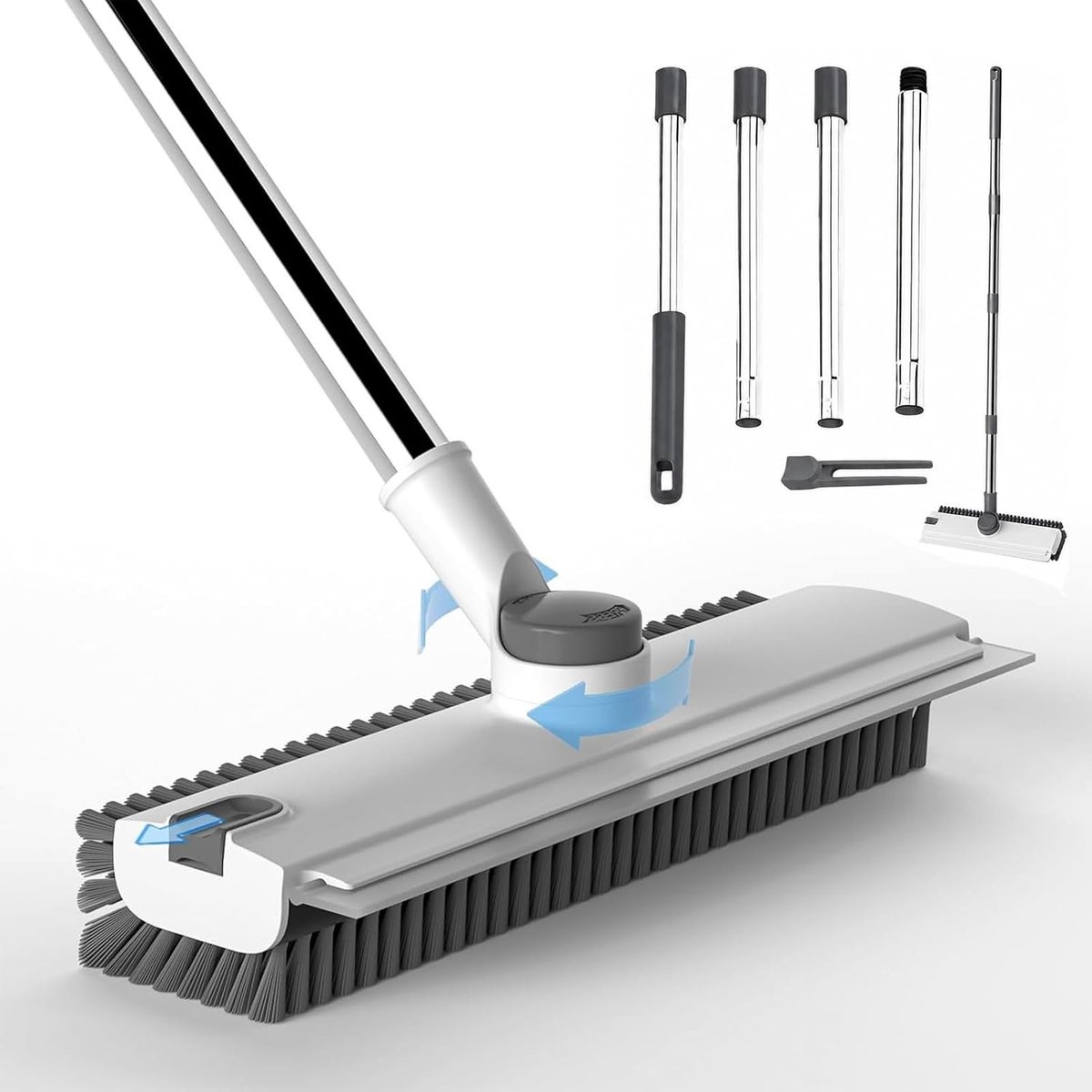 Vloerschrobborstel met Steel - Wit - Verstelbare Lengte van 64 cm tot 134 cm - 3-in-1 V-vormige Borstel met Siliconen Schraper - Voor Diverse Oppervlakken