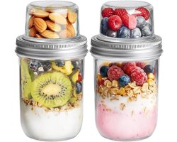 2-pack havermoutbekers - yoghurt beker to go - yoghurt beker - Glazen Bekers - met Droog/Nat Scheiding - Transparant