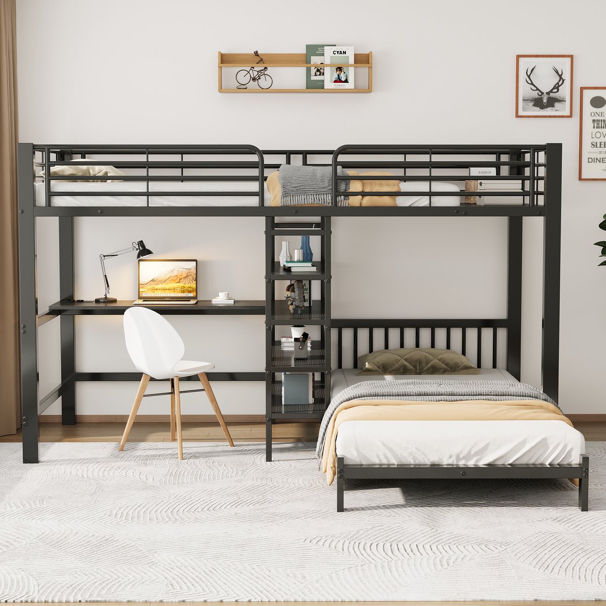 VVBV Hoogslaper 90x200 – Metalen Hoogslaper met Legplanken, Bureau, Trap, USB, USB-C en Stopcontact – Zonder Matras – Voor Kinderen en Tieners – Zwart