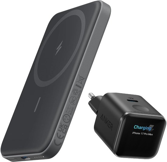 Zwarte Anker magnetische powerbank met Anker 45W oplader met 'Charging iPhone 17 Pro Max' display.