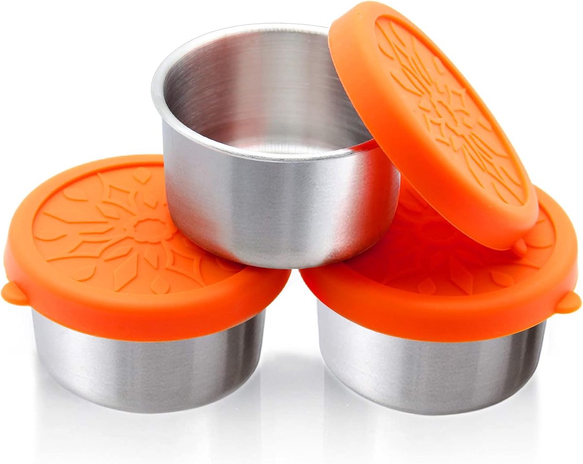 Nicelock Snackbox voor kinderen, roestvrij staal, klein, 3 x 100 ml, met siliconen deksels, BPA-vrij, snackbeker voor babyvoeding, kindersnacks, ontweningspotten, salade, dressing, kruidenpotjes
