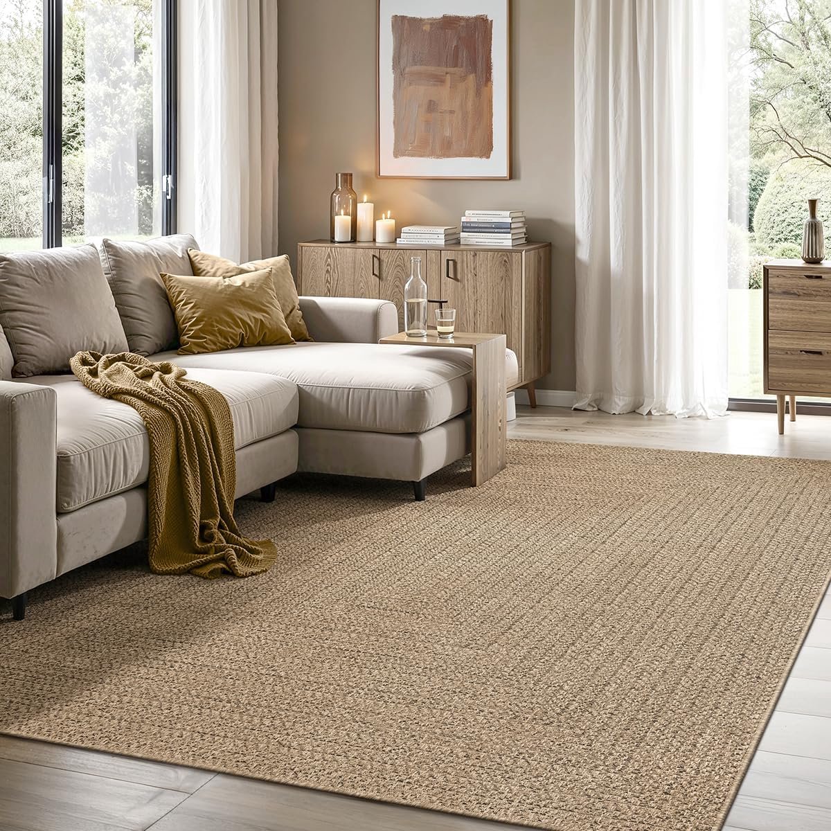 The carpet Kansas - stevige binnen- en buitentapijt in natuurlijke jute-look, weerbestendig, geschikt voor terras en tuin, ruitpatroon, Natuur, 80 x 150 cm