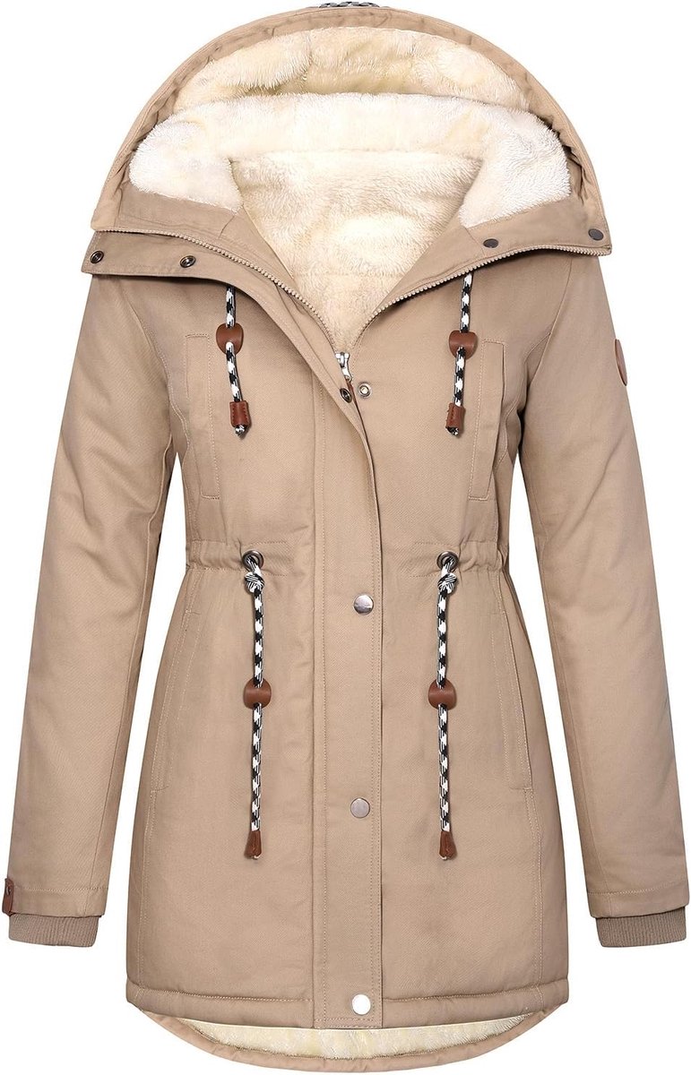 Jassen met fleece voor dames, warme katoenen parka-jassen voor dames, gewatteerde thermische overjas met capuchon en trekkoord, ritssluiting