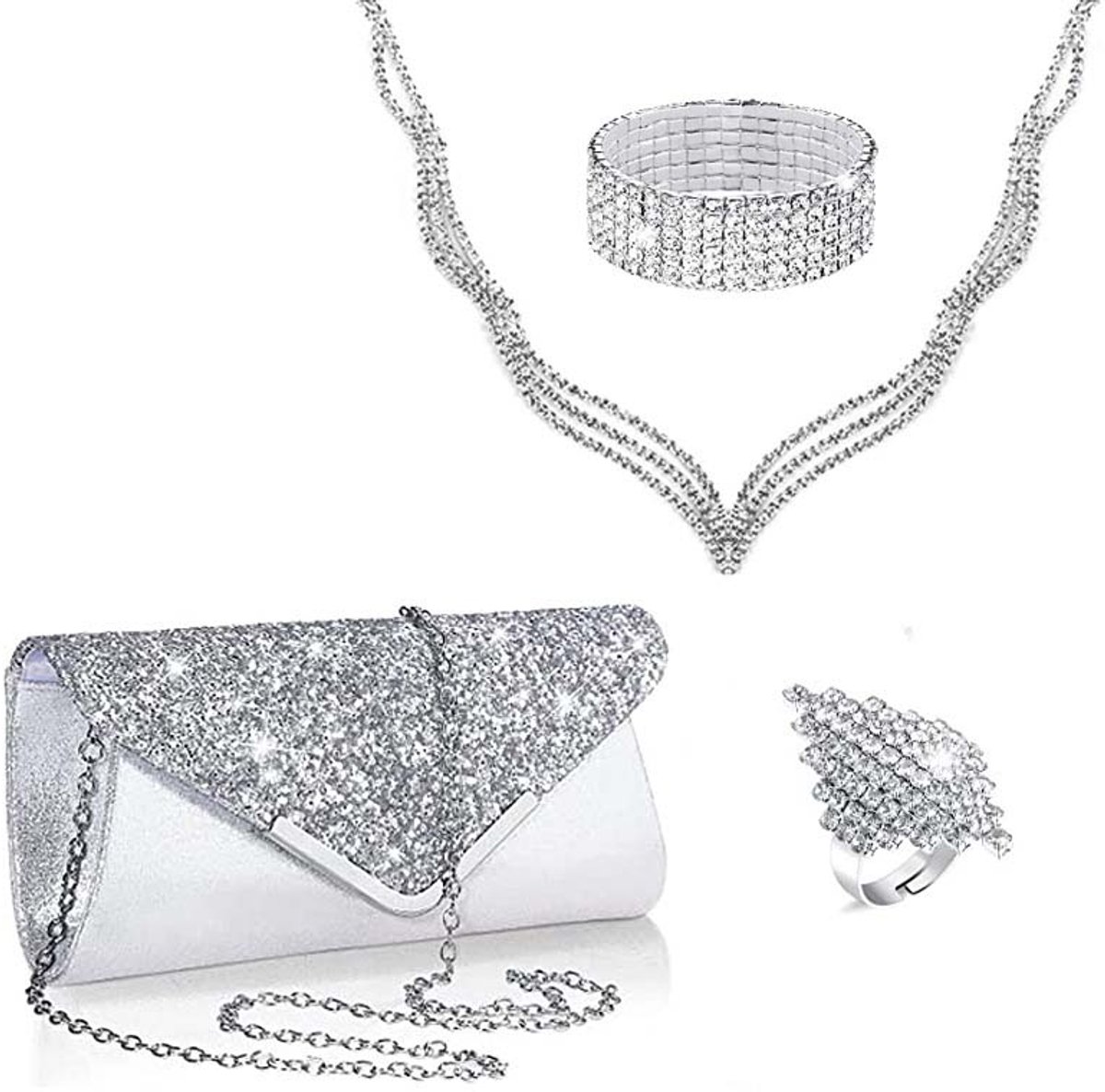 4-delig Sieradenset voor Dames - Ketting Set - Inclusief Clutch, Ketting, Armband & Ring - Elegante Feestelijke Set voor Bruiloften (Zilver)
