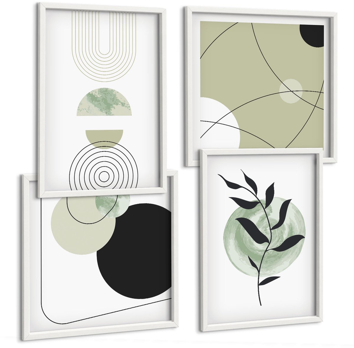 Coloray 4-Delige Schilderij Set - Abstracte Vormen En Plantmotieven In Groen - 40 x 40 En 40 x 60 - Stijlvolle Muurdecoratie - Slaapkamer - Moderne Wanddecoratie