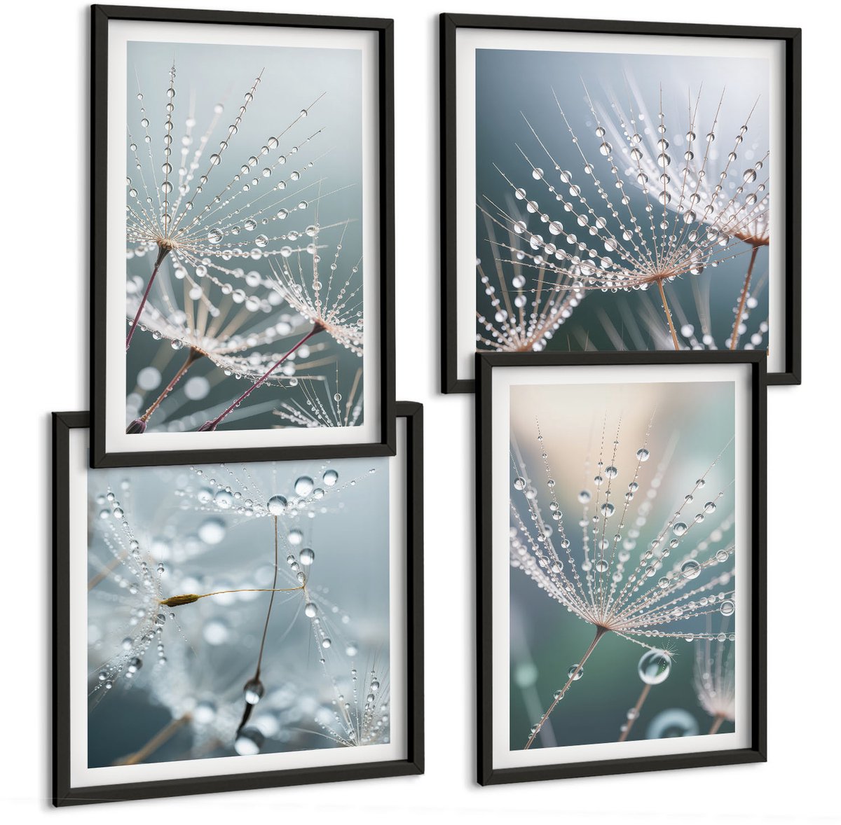 Coloray 4-Delige Schilderij Set - Waterdruppels Op De Tere Scheuten Van Paardenbloemen - 40 x 40 cm En 40 x 60 cm - Moderne Wanddecoratie - Slaapkamer - Muurdecoratie Zwarte lijst