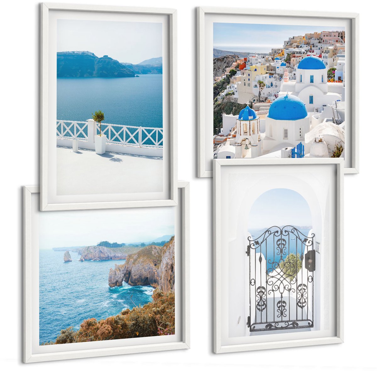 Coloray 4-Delige Schilderij Set - Zeezicht Met Griekse Architectuur - 40 x 40 En 40 x 60 - Muurdecoratie - Decoratieve Schilderijen - Wohnzimmer