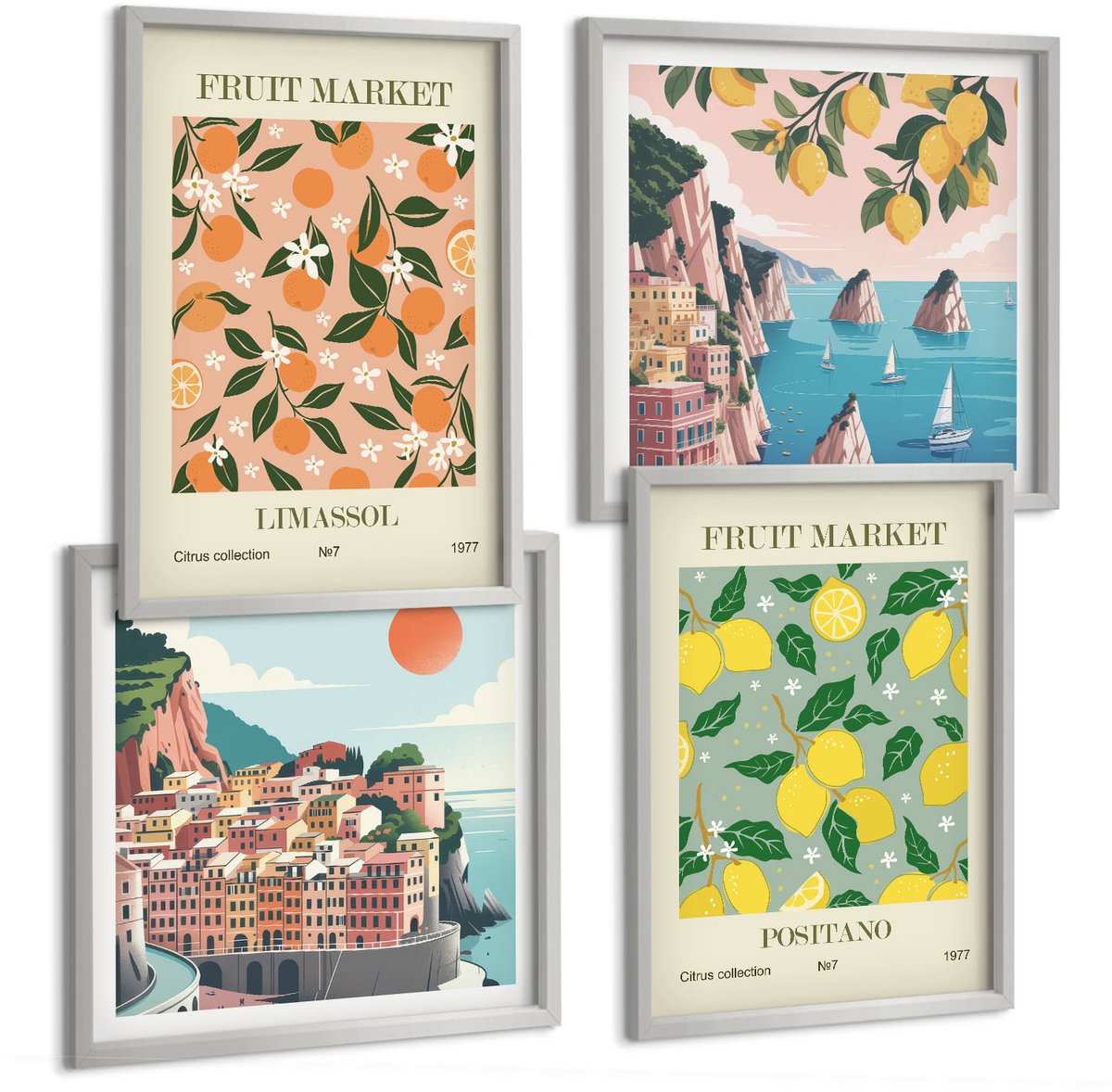 Coloray 4-Delige Schilderij Set - Citrusvruchten En Tropisch Fruit Op Italiaanse Wijze - 40 x 40 cm En 40 x 60 cm - Stijlvolle Wanddecoratie - Interieur - Stijlvolle Muurdecoratie