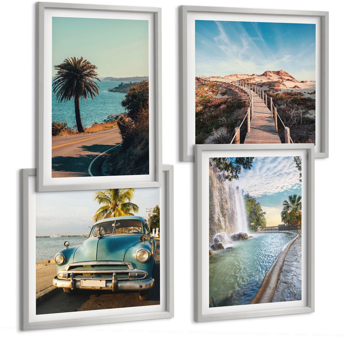 Coloray 4-Delige Schilderij Set - Vakantielandschappen Met Palmbomen En Een Waterval - 40 x 40 cm En 40 x 60 cm - Wanddecoratie - Muurdecoratie - Moderne Interieurdecoratie - Decoratieve Schilderijen