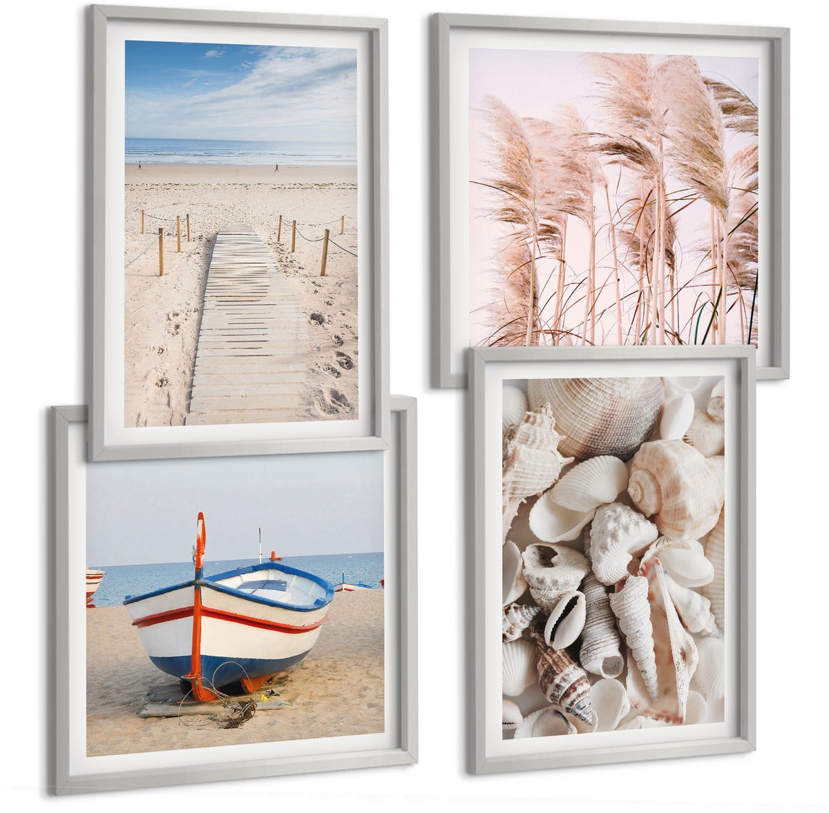 Coloray 4-Delige Schilderij Set - Zandstrand Boot Schelpen Gras Boho - 40 x 40 cm En 40 x 60 cm - Stijlvolle Muurdecoratie - Kantoor - Decoratieve Schilderijen