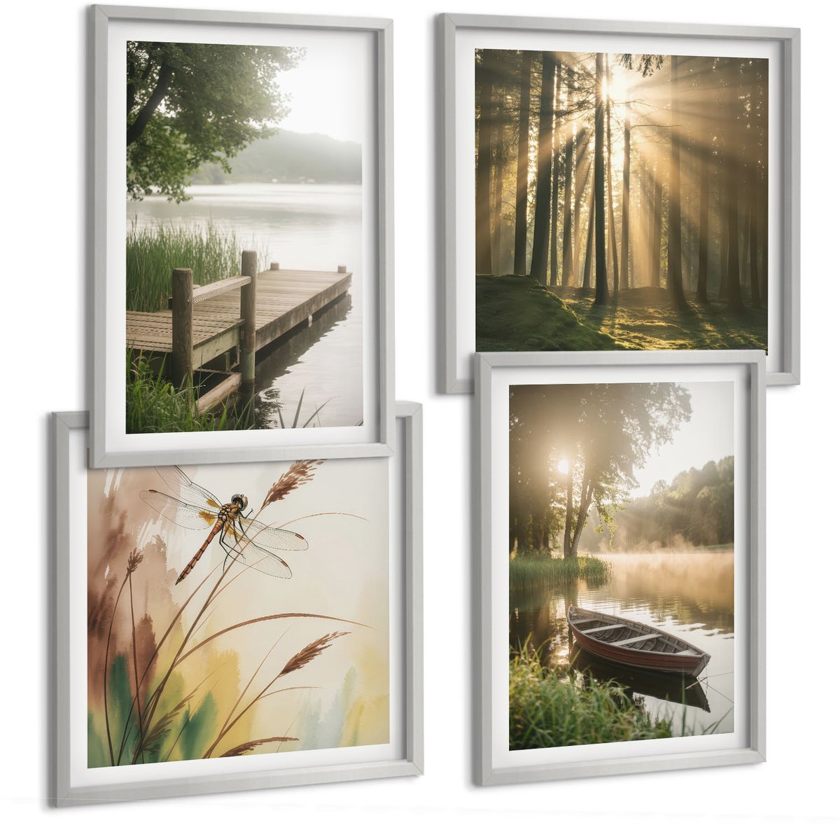 Coloray 4-Delige Schilderij Set - Rustig Meer, Bos En Boot In De Ochtendmist - 40 x 40 cm En 40 x 60 cm - Decoratieve Muurdecoratie - Slaapkamer - Stijlvolle Muurdecoratie