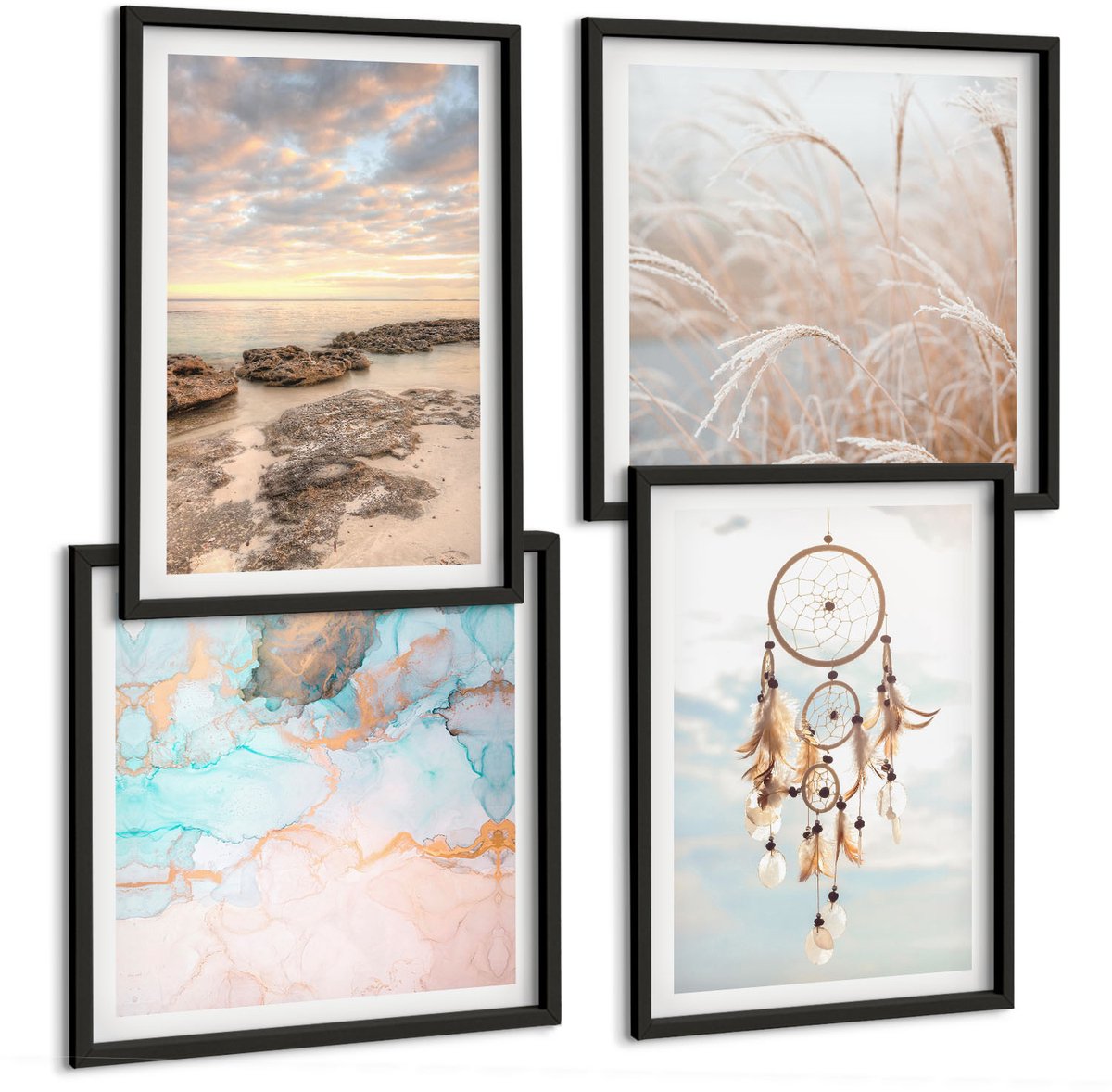 Coloray 4-Delige Schilderij Set - Zeezicht Met Wolken, Dromenvanger En Gras - 40 x 40 cm En 40 x 60 cm - Wanddecoratie - Muurdecoratie - Moderne Interieurdecoratie - Woonkamer Decoratie Zwarte lijst