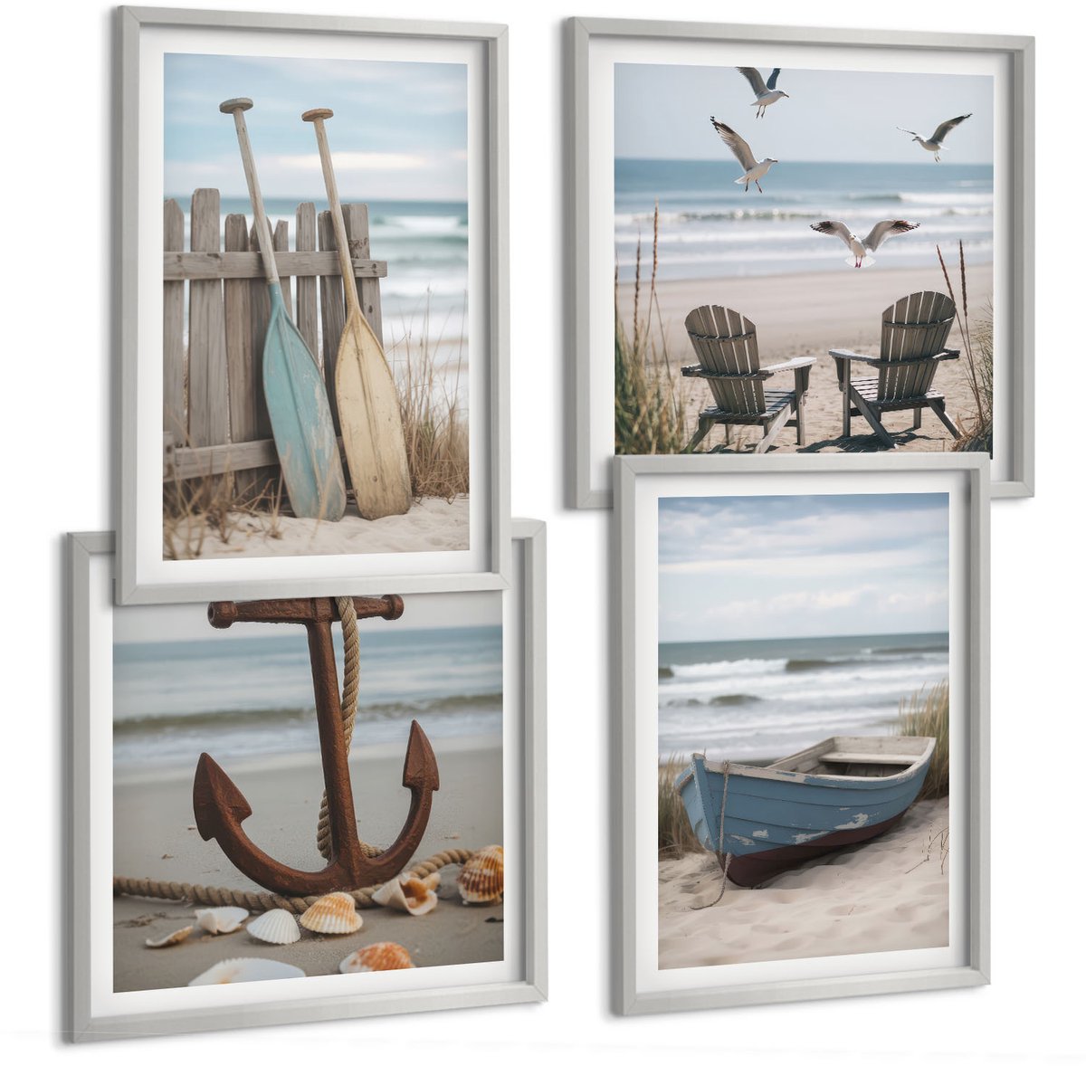 Coloray 4-Delige Schilderij Set - Zomerse Strandgezichten En Zeegezichten - 40 x 40 cm En 40 x 60 cm - Decoratieve Schilderijen - Wanddecoratie - Hal