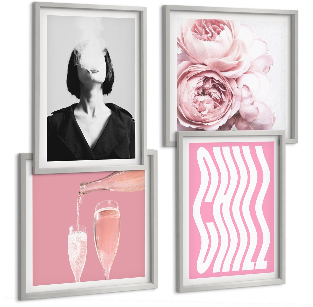 Coloray 4-Delige Schilderij Set - Stijlvol Portret Van Een Vrouw Met Champagne En Rozen, Ontspanning. - 40 x 40 cm En 40 x 60 cm - Wanddecoratie - Woonkamer Decoratie - Moderne Wanddecoratie