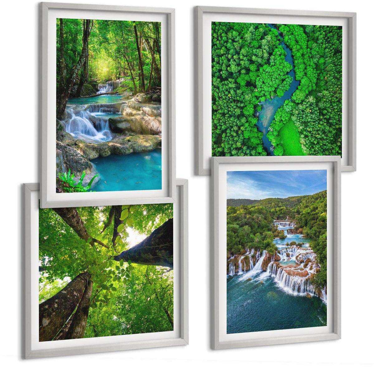 Coloray 4-Delige Schilderij Set - Watervallen In Een Groen Bos Met Kristalhelder Water. - 40 x 40 cm En 40 x 60 cm - Moderne Wanddecoratie - Slaapkamer - Stijlvolle Muurdecoratie