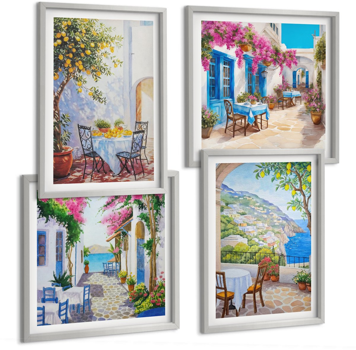 Coloray 4-Delige Schilderij Set - Sfeervolle Straatjes Met Bloeiende Planten En Uitzicht Op Zee. - 40 x 40 cm En 40 x 60 cm - Wanddecoratie - Schilderijen Set - Kantoor - Stijlvolle Muurdecoratie
