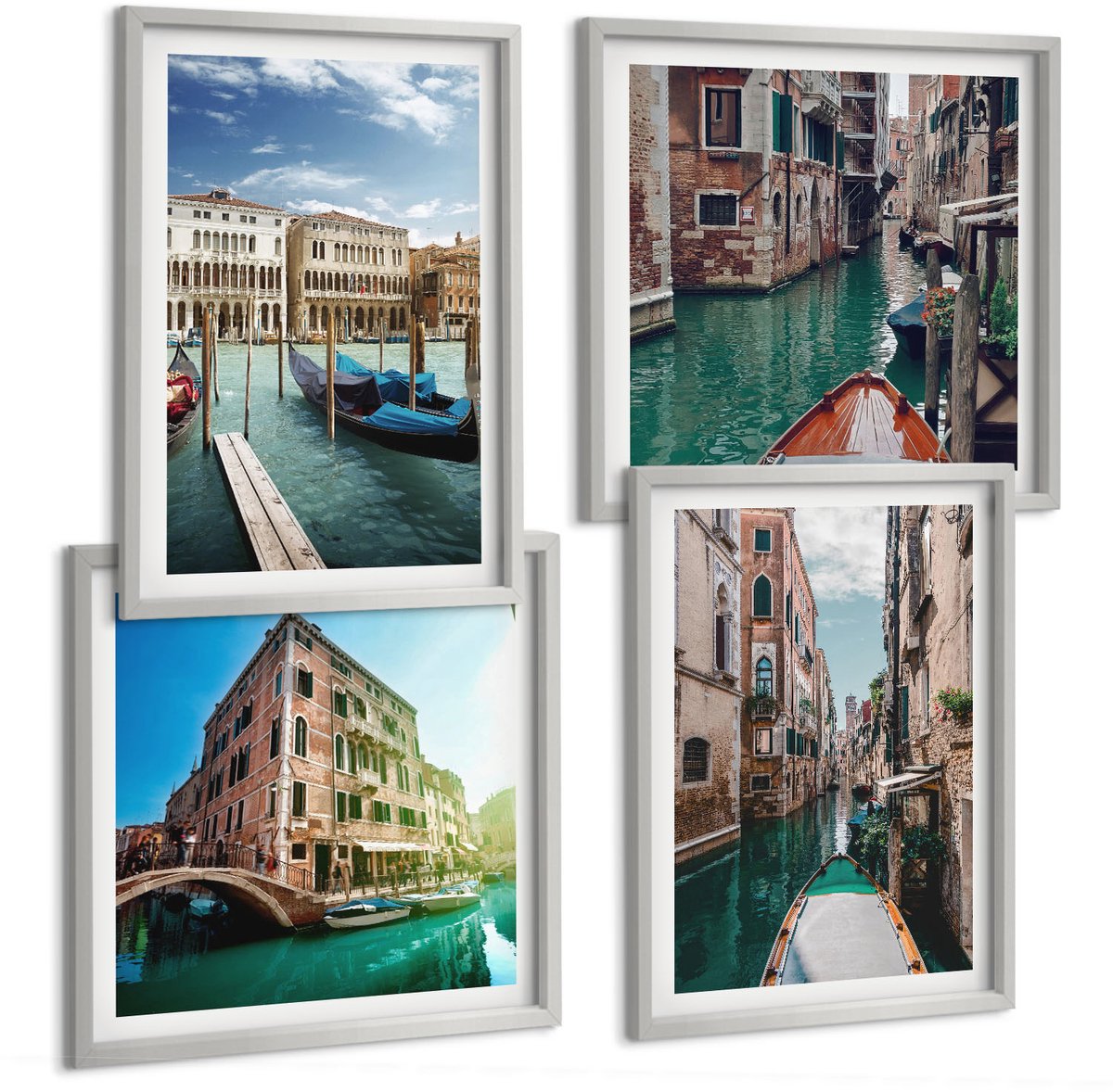 Coloray 4-Delige Schilderij Set - Uitzichten Op Venetië Met Kanalen En Stedelijke Architectuur. - 40 x 40 cm En 40 x 60 cm - Stijlvolle Muurdecoratie - Slaapkamer - Woonkamer Decoratie