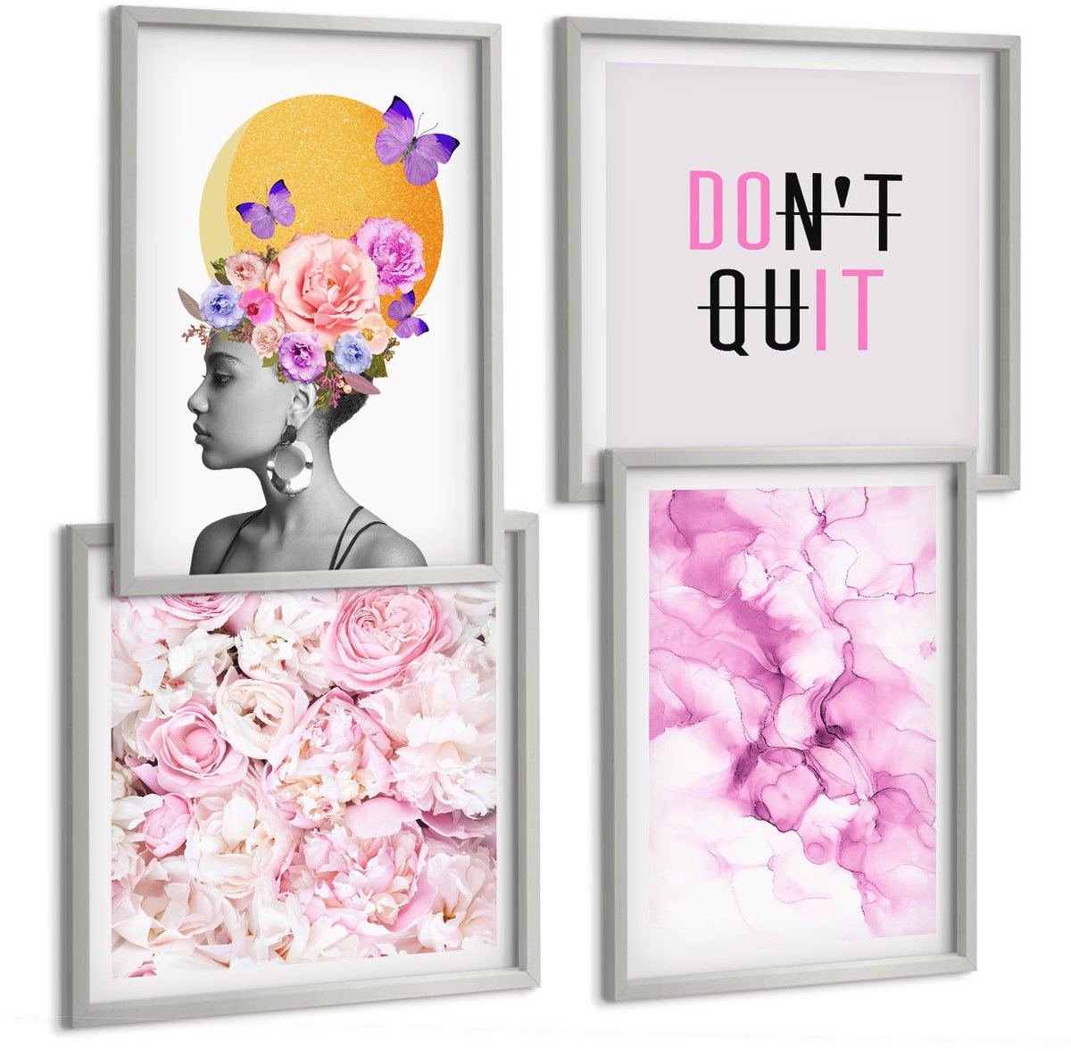 Coloray 4-Delige Schilderij Set - Inspirerende Inscriptie, Bloemen, Abstract Portret Van Een Vrouw - 40 x 40 cm En 40 x 60 cm - Muurdecoratie - Wanddecoratie - Hal - Decoratieve Schilderijen