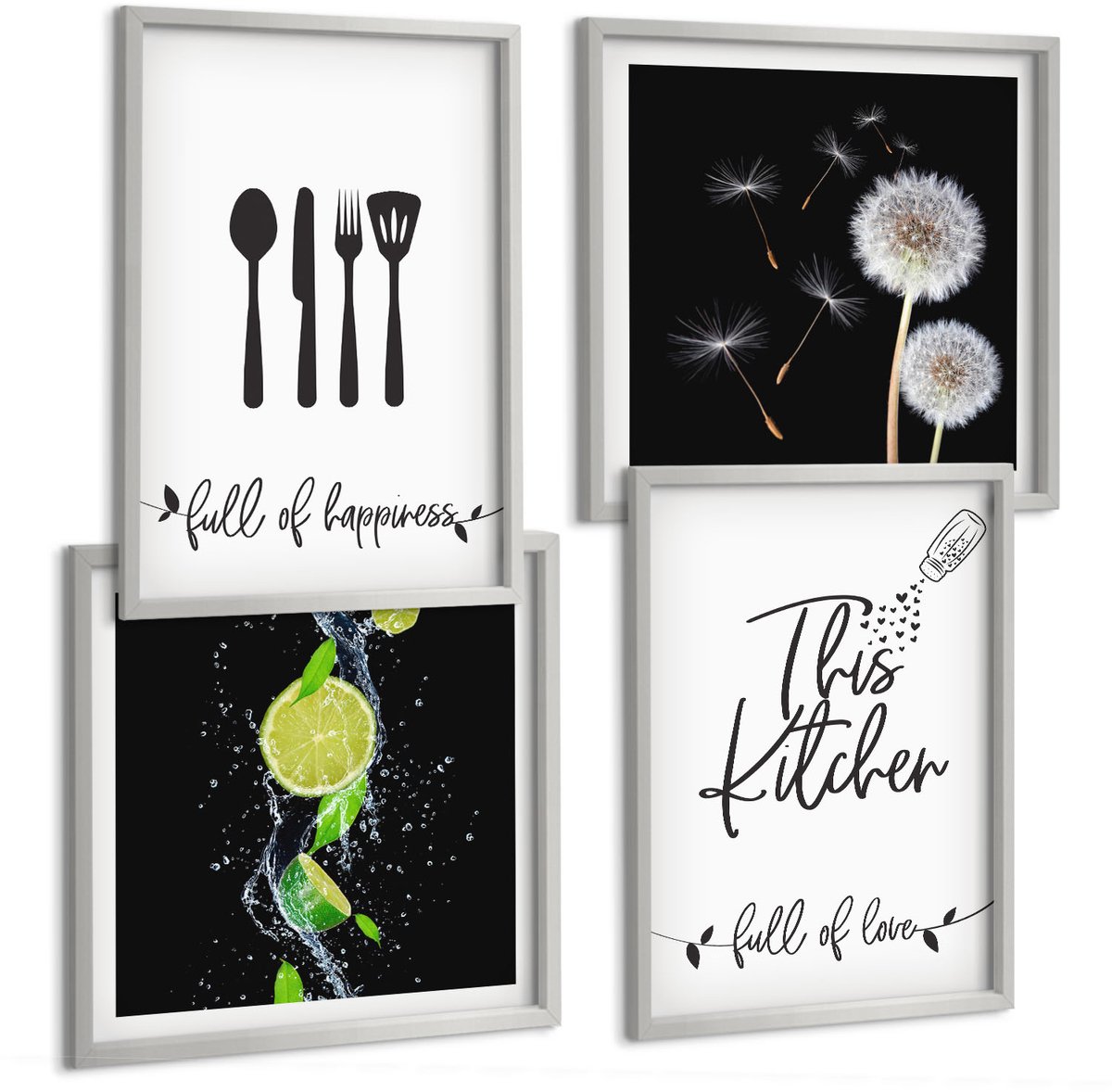 Coloray 4-Delige Schilderij Set - Paardenbloemen Sappige Limoenen Keukenopschriften - 40 x 40 cm En 40 x 60 cm - Wanddecoratie - Schilderijen Set - Kantoor - Muurdecoratie