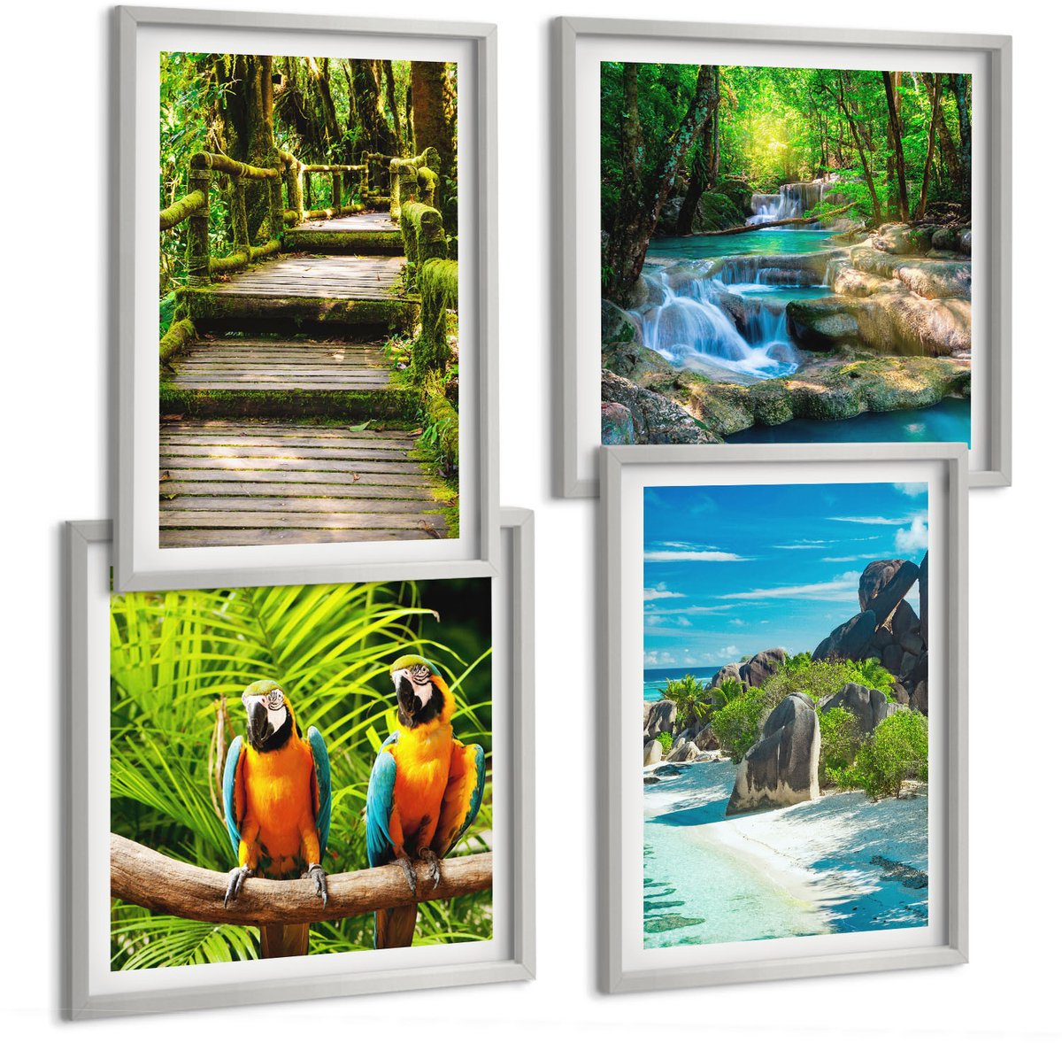 Coloray 4-Delige Schilderij Set - Tropisch Bos Met Waterval En Kleurrijke Papegaaien - 40 x 40 cm En 40 x 60 cm - Wanddecoratie - Moderne Interieurdecoratie