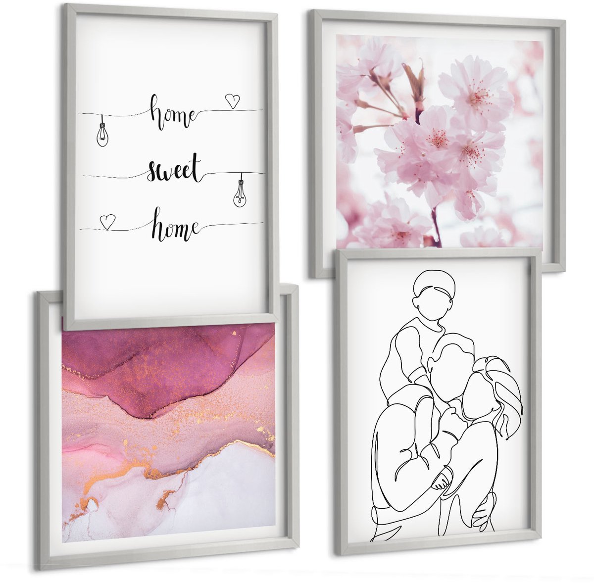 Coloray 4-Delige Schilderij Set - Bloemen En Familie In Minimalistisch Design. - 40 x 40 cm En 40 x 60 cm - Muurdecoratie - Schilderijen Set - Woonkamer